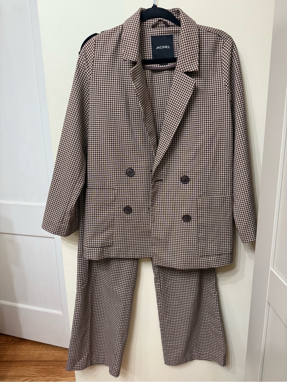 Monki S Pant Suit Maroon Houndstooth Modern Relaxed Eclectic Quirky Office Boho